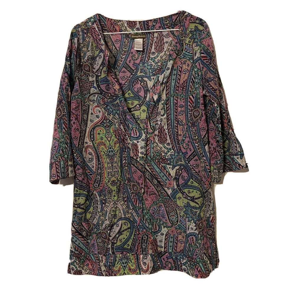 TOMMY BAHAMA Blouse Top Womens Size Small Semi Sheer Paisley Cotton Purple Blue